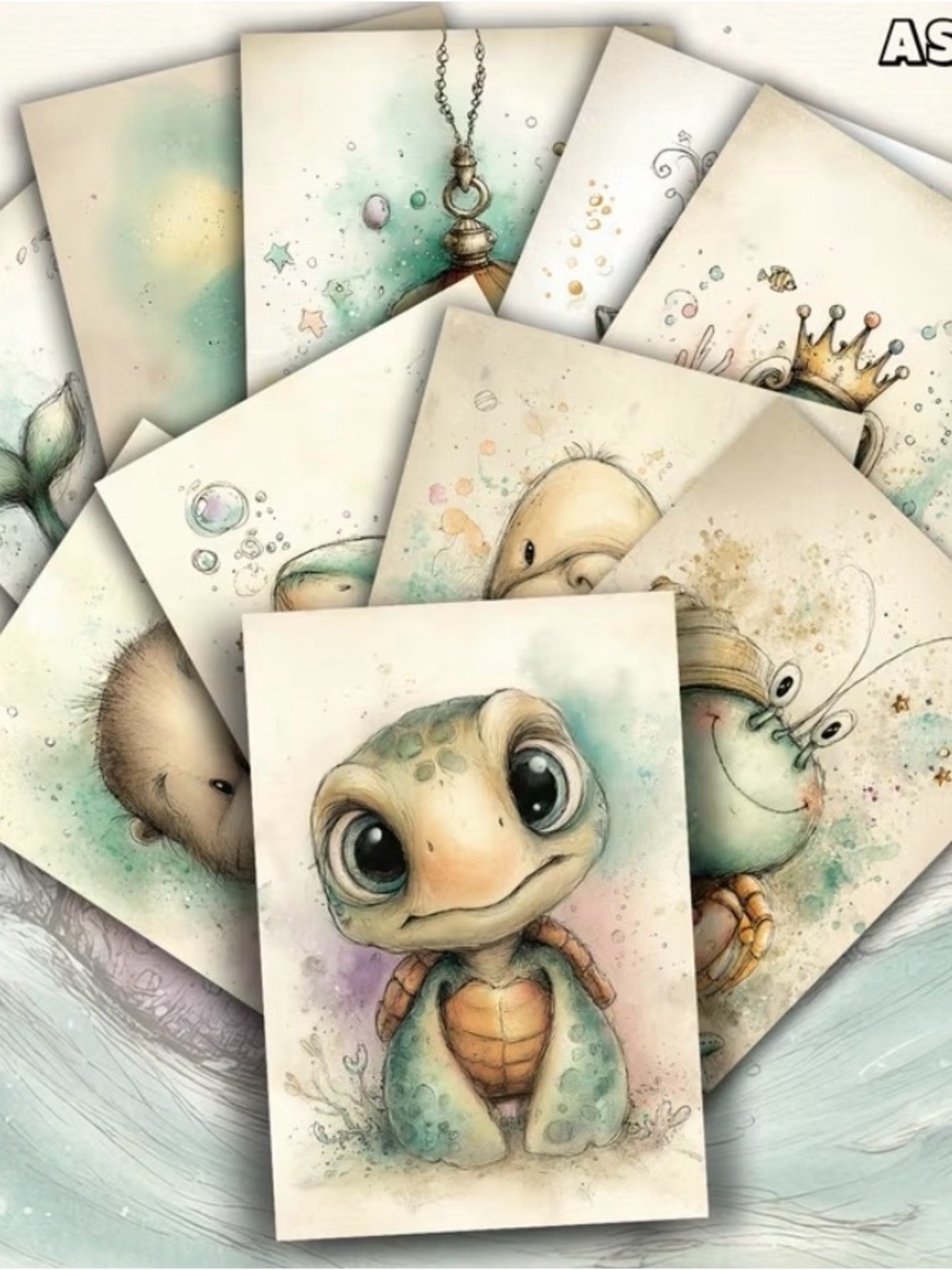 12 Cartoon Ocean Animal Note Cards & Envelopes